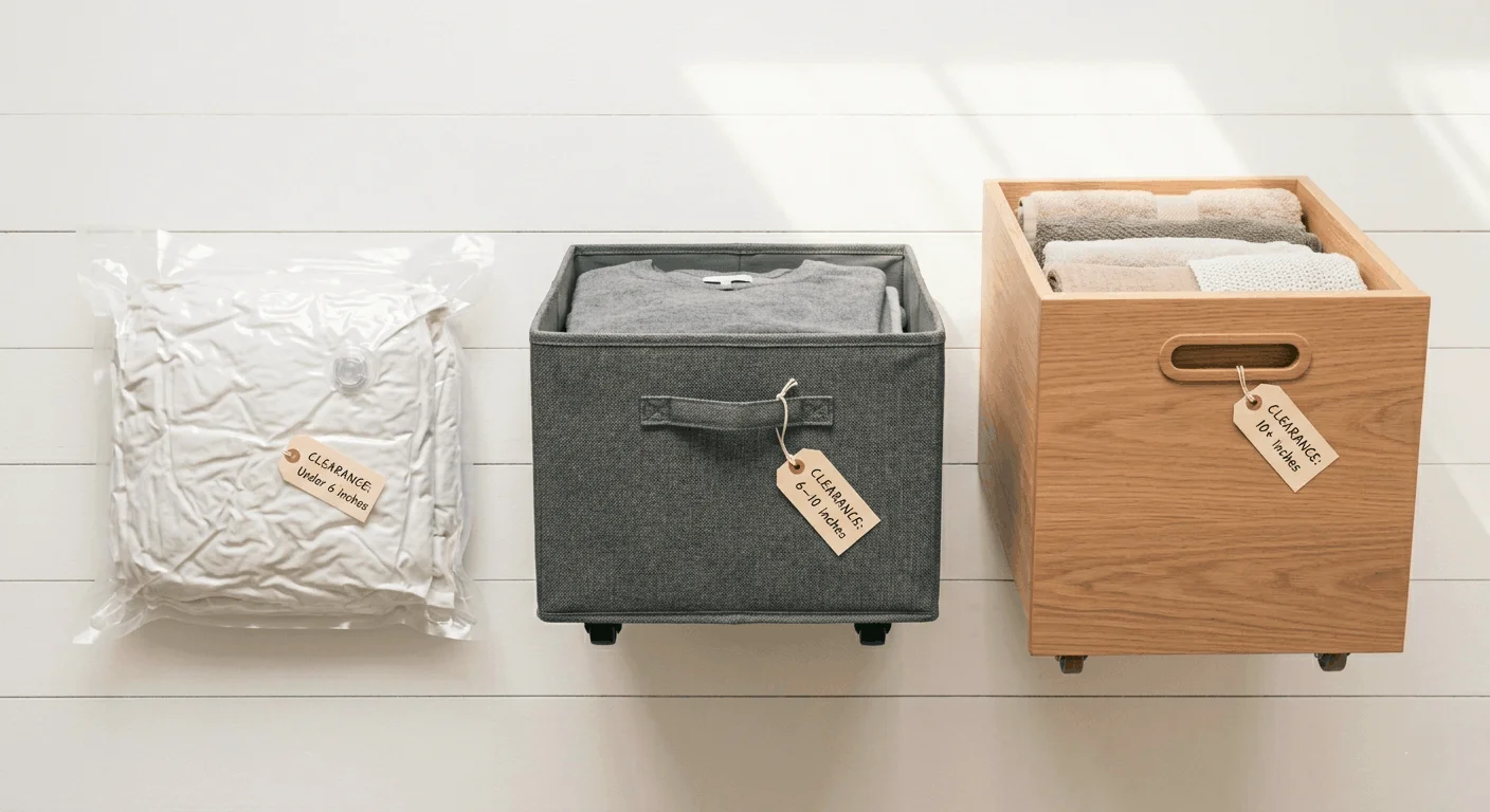 Comparison of under-bed storage options for renters based on bed clearance — vacuum bags, fabric bins, and wooden drawers
