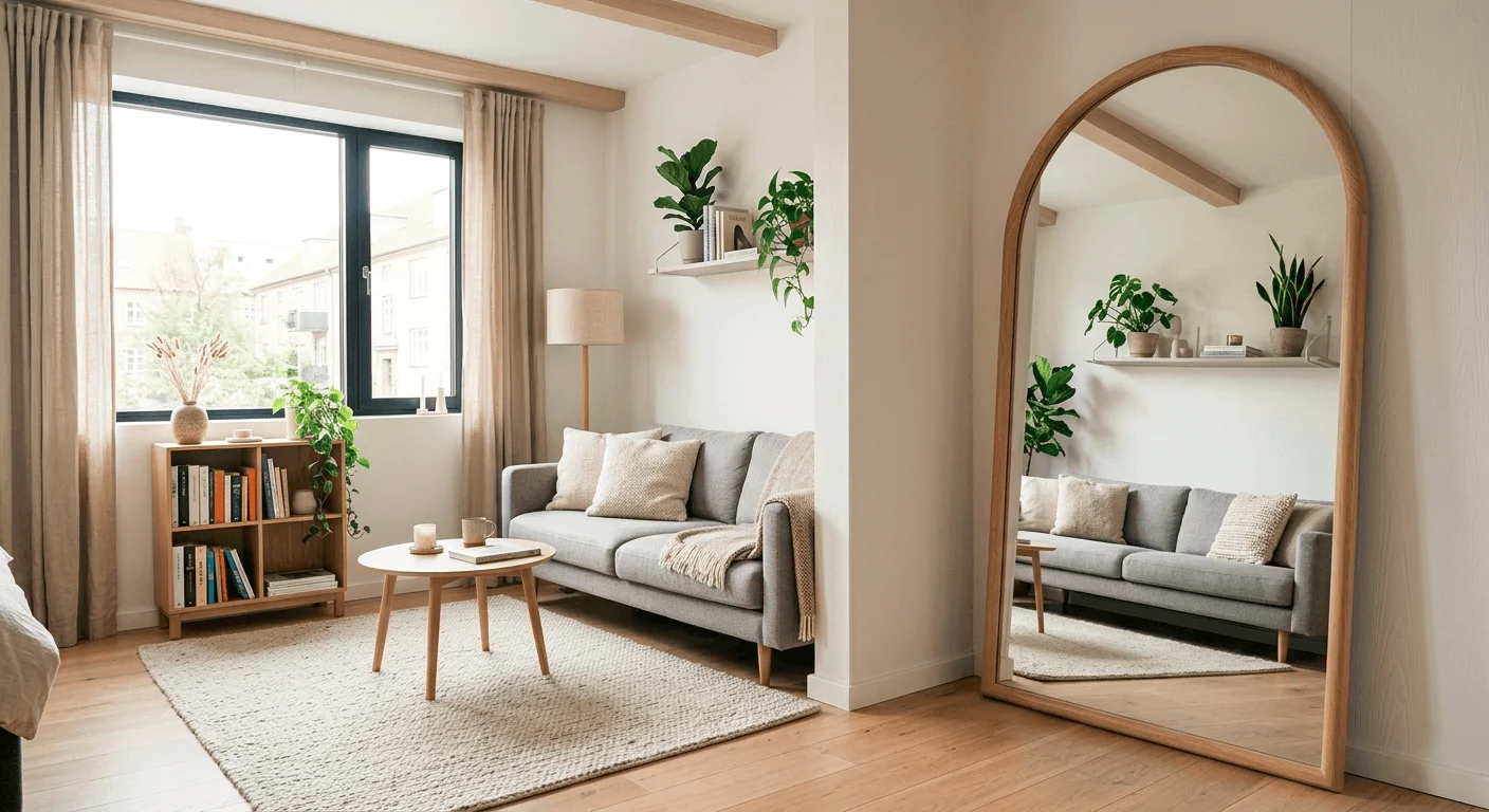 Small apartment decorating idea using a large mirror to create illusion of space in a compact living area