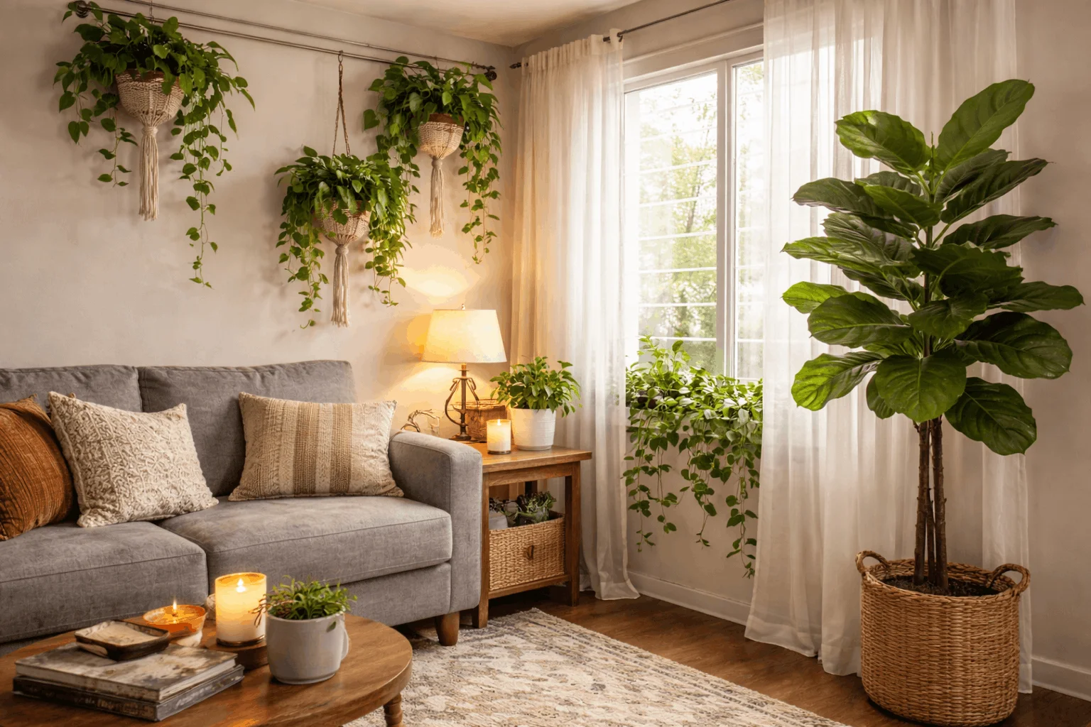 Low-maintenance plants enhancing renter friendly decor in cozy living room ideas for renters.