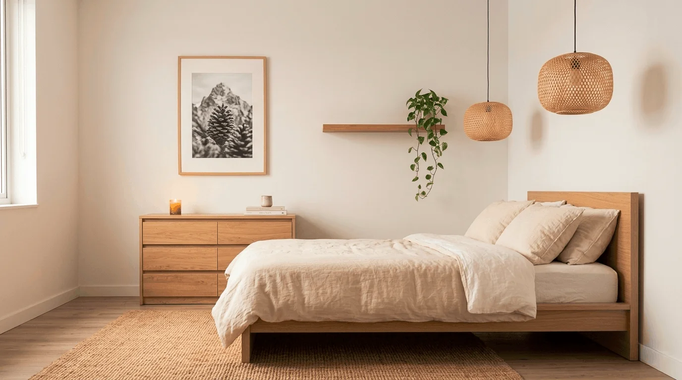 Japandi small bedroom apartment with low platform bed, bamboo lamp, jute rug, and cozy minimalist decor