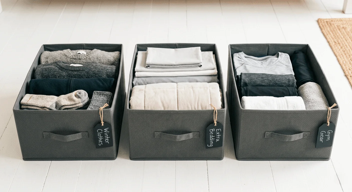 Labeled under-bed storage bins organized by category for a clutter-free rental apartment bedroom