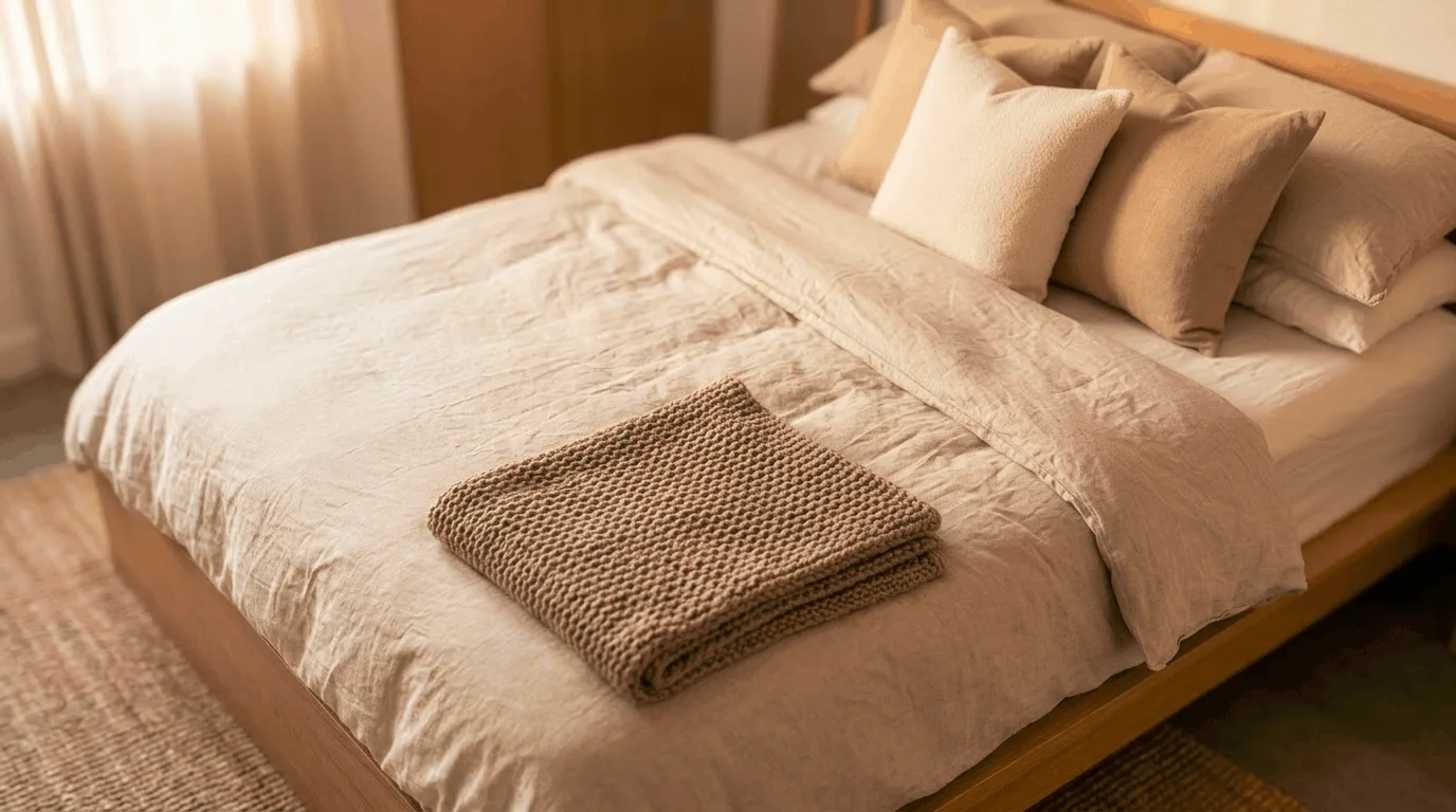Layered textiles bedroom with oat linen duvet, chunky knit throw, and neutral cozy bedroom palette for a small apartment