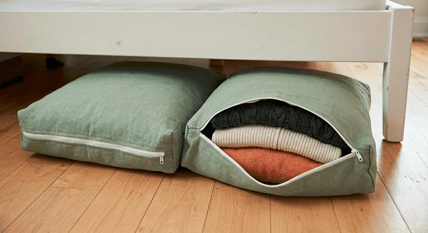 Linen zip under-bed storage bags for renters filled with off-season clothing in a small apartment bedroom