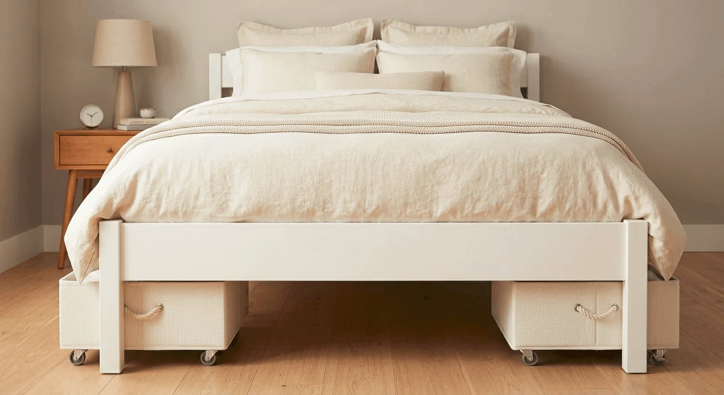Matching ivory under-bed bins with wheels for stylish hidden bedroom storage in a rental apartment