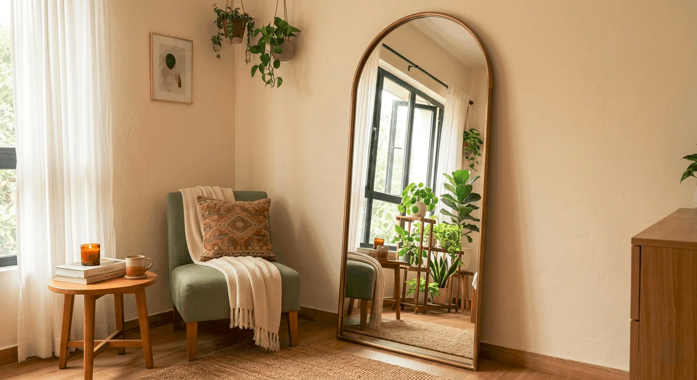 Leaning mirror angled to reflect window view and houseplants in a small studio apartment for visual depth