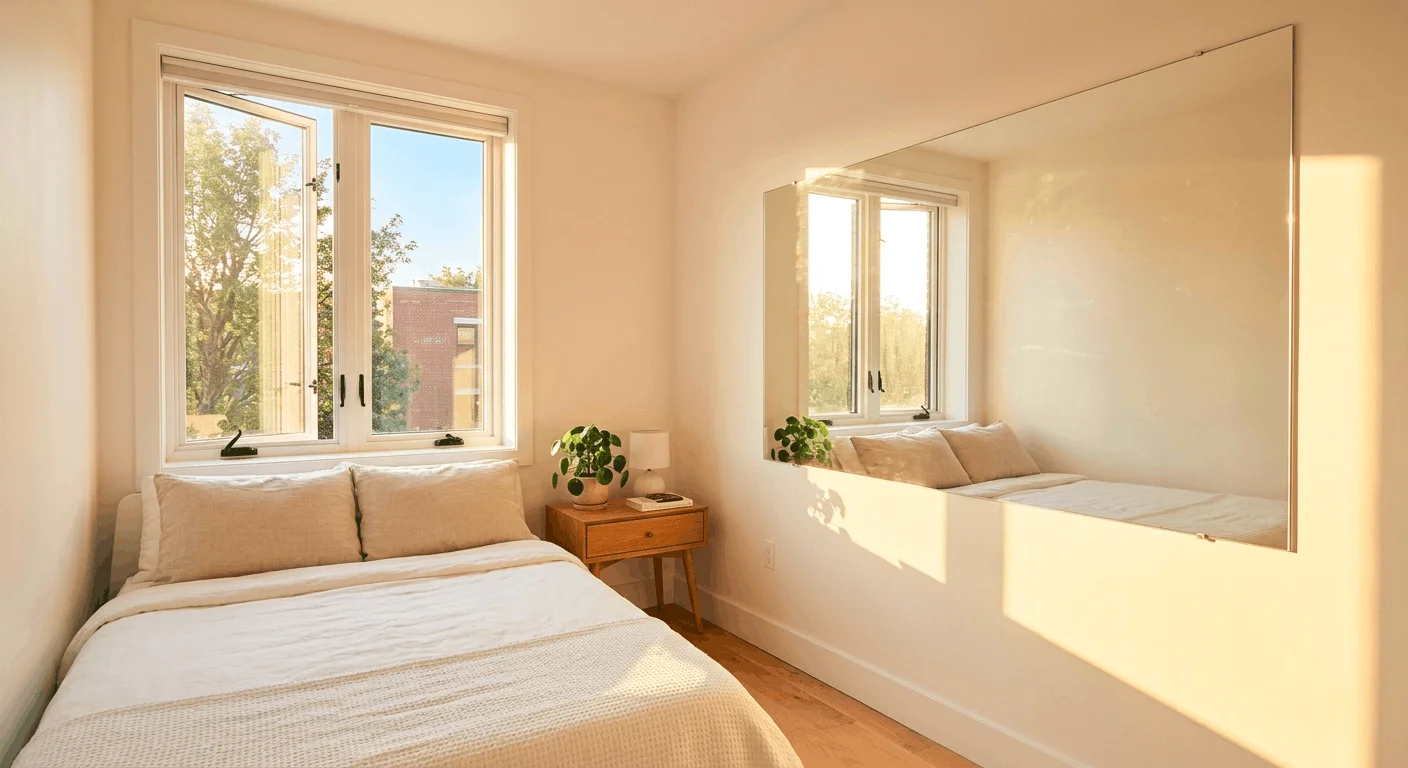 Mirror opposite window trick in a small apartment bedroom reflecting natural light to brighten the room