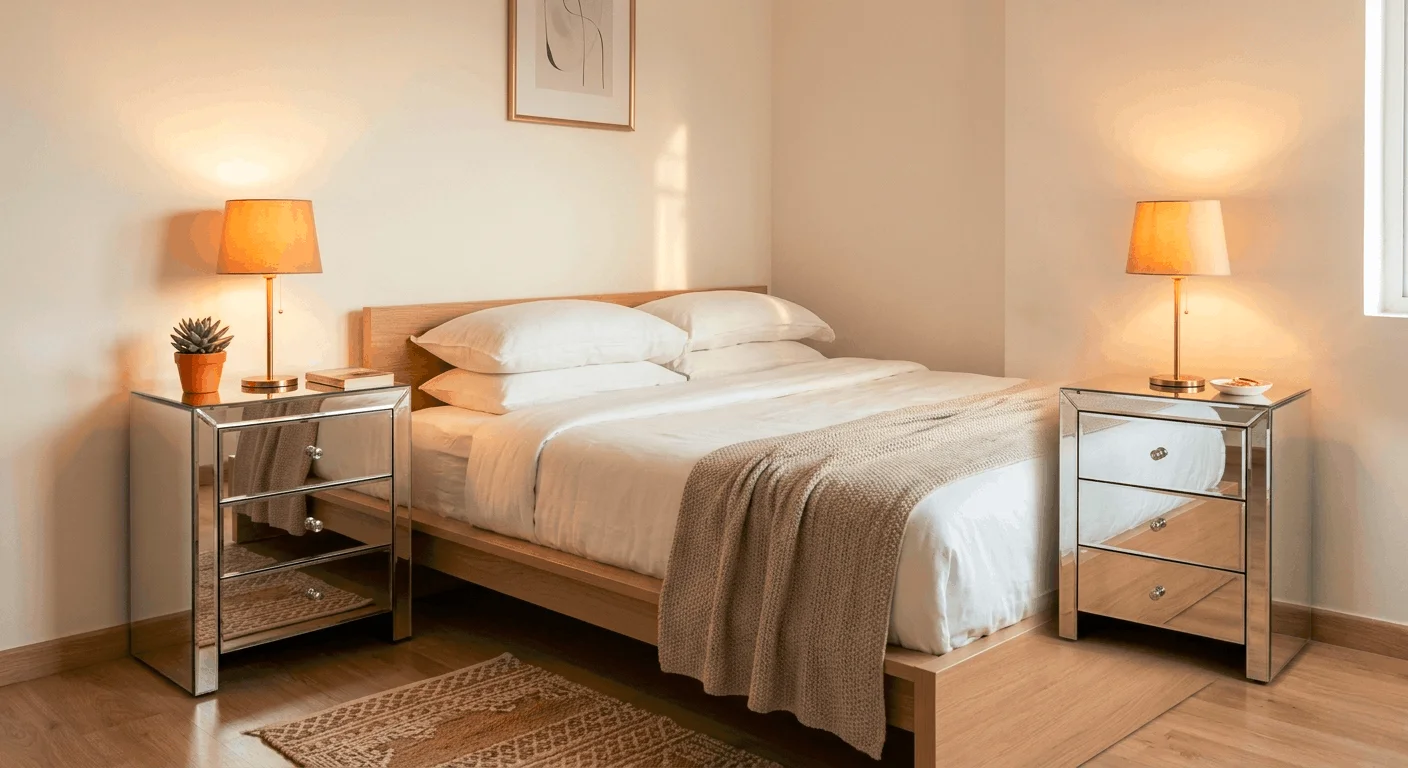 Mirrored furniture in small apartment bedroom with mirrored nightstand reflecting lamp light to expand space