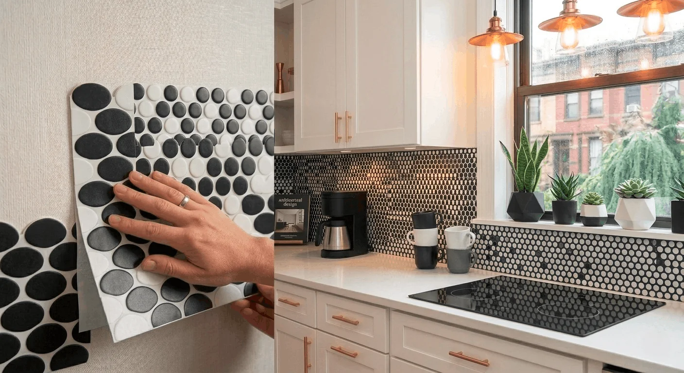 Black-and-white peel-and-stick backsplash ideas as no damage kitchen backsplash ideas for urban peel and stick backsplash renters.
