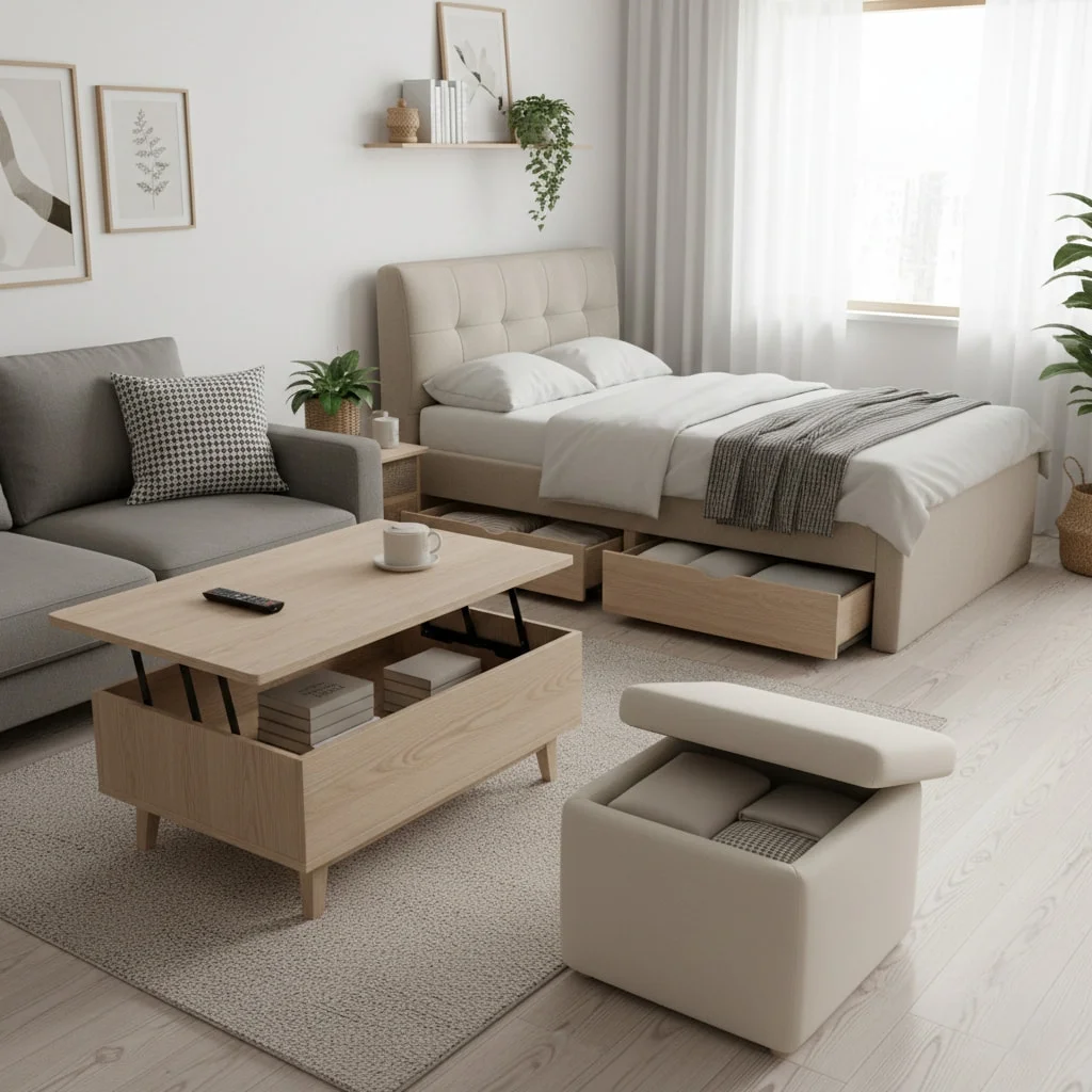 Multi-functional furniture for tiny homes including lift-top coffee table storage ottoman and bed drawers in small apartment