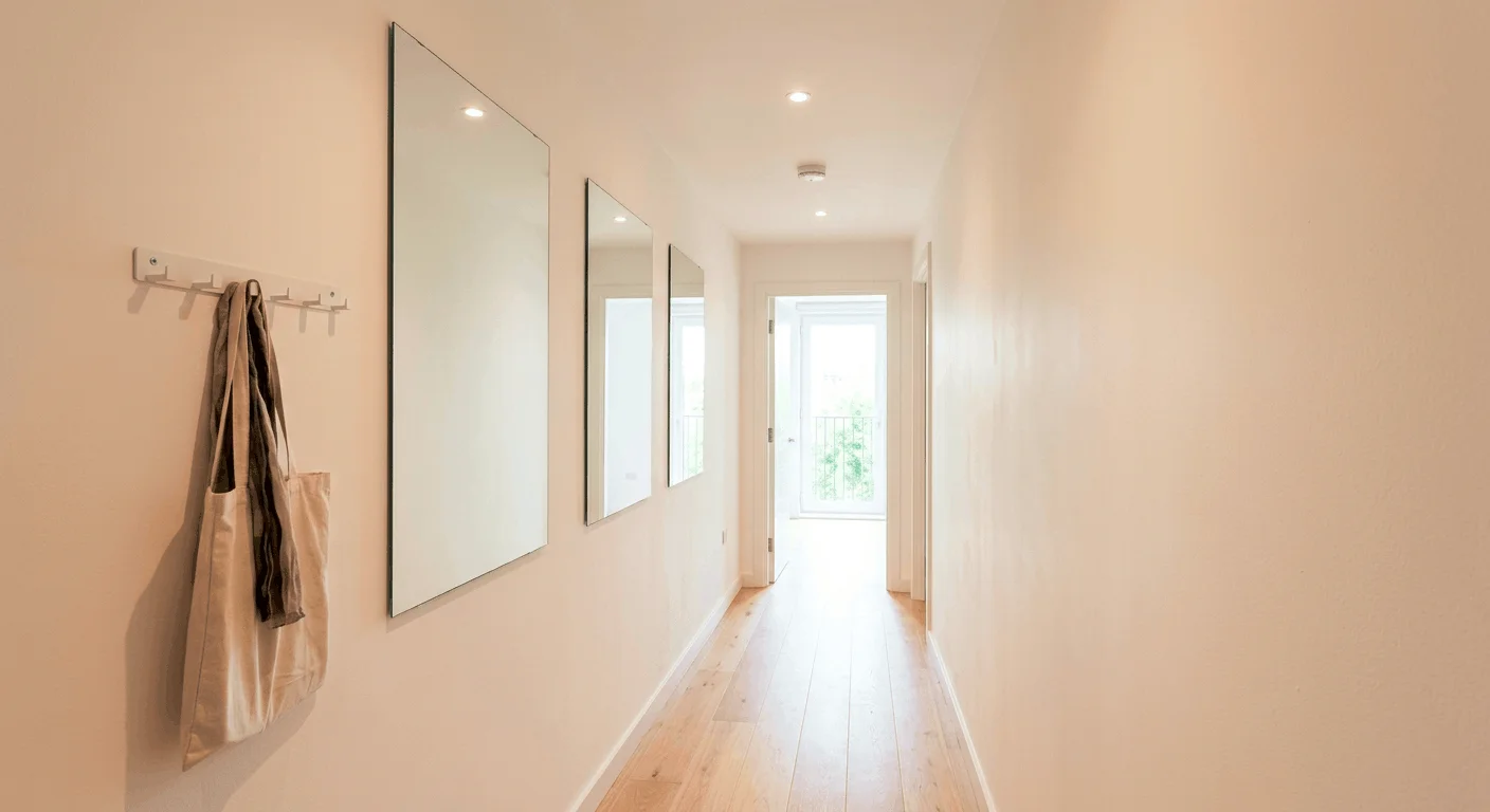 Mirror placement in narrow apartment hallway making the corridor look wider and more open