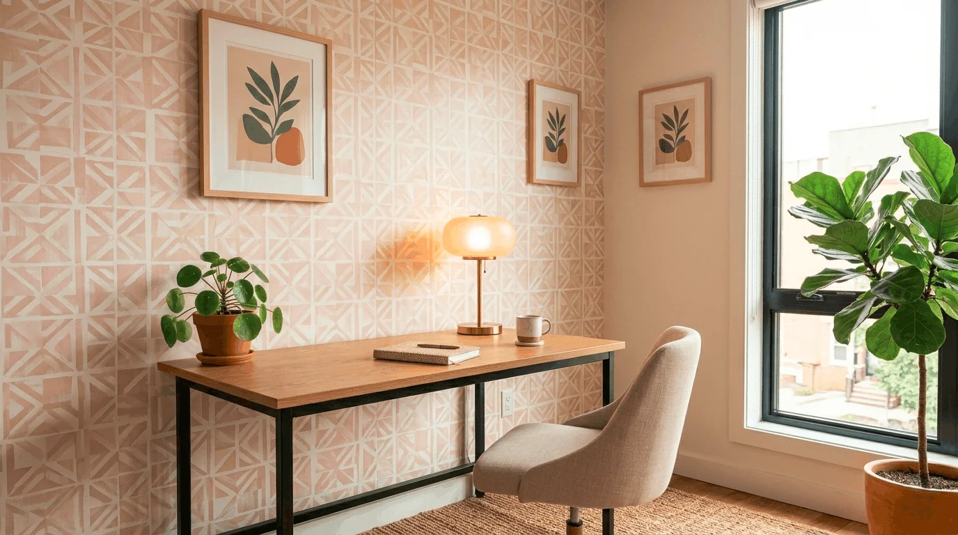 Cozy studio apartment with a neatly applied NuWallpaper geometric peel and stick accent wall — affordable and renter friendly temporary wallpaper for apartments on a budget