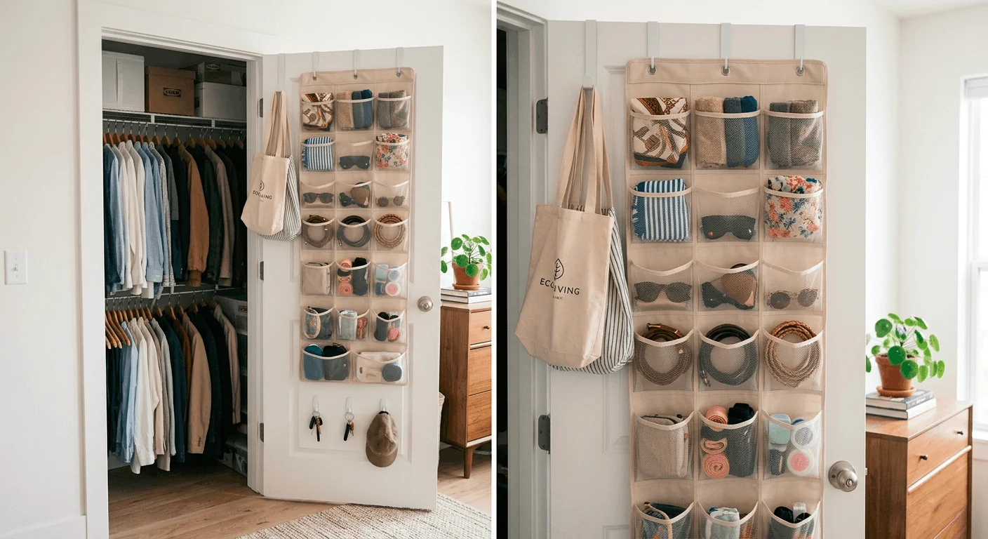 Over-door hanging organizer on apartment closet door with shoes, accessories, and bags for vertical apartment wall storage