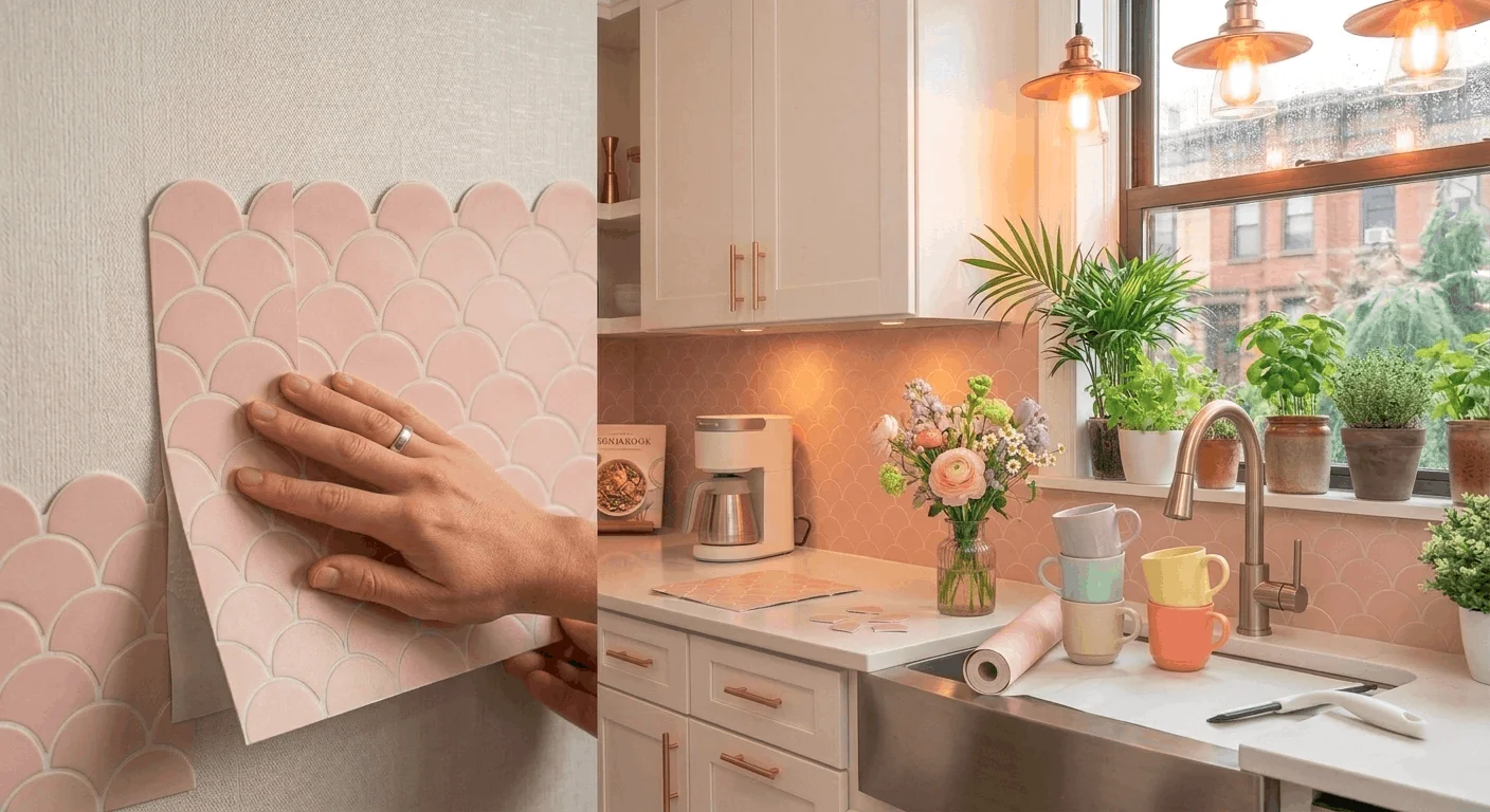 Pastel peel-and-stick backsplash ideas for budget peel and stick backsplash DIY in apartment kitchen makeover on a budget.