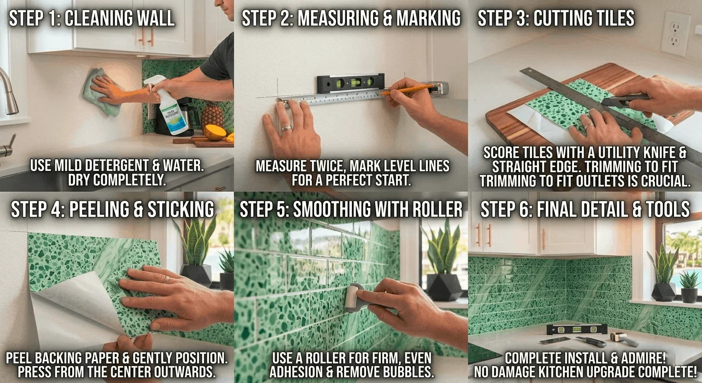 How-to guide image for peel-and-stick backsplash ideas installation with renter friendly peel and stick tiles.