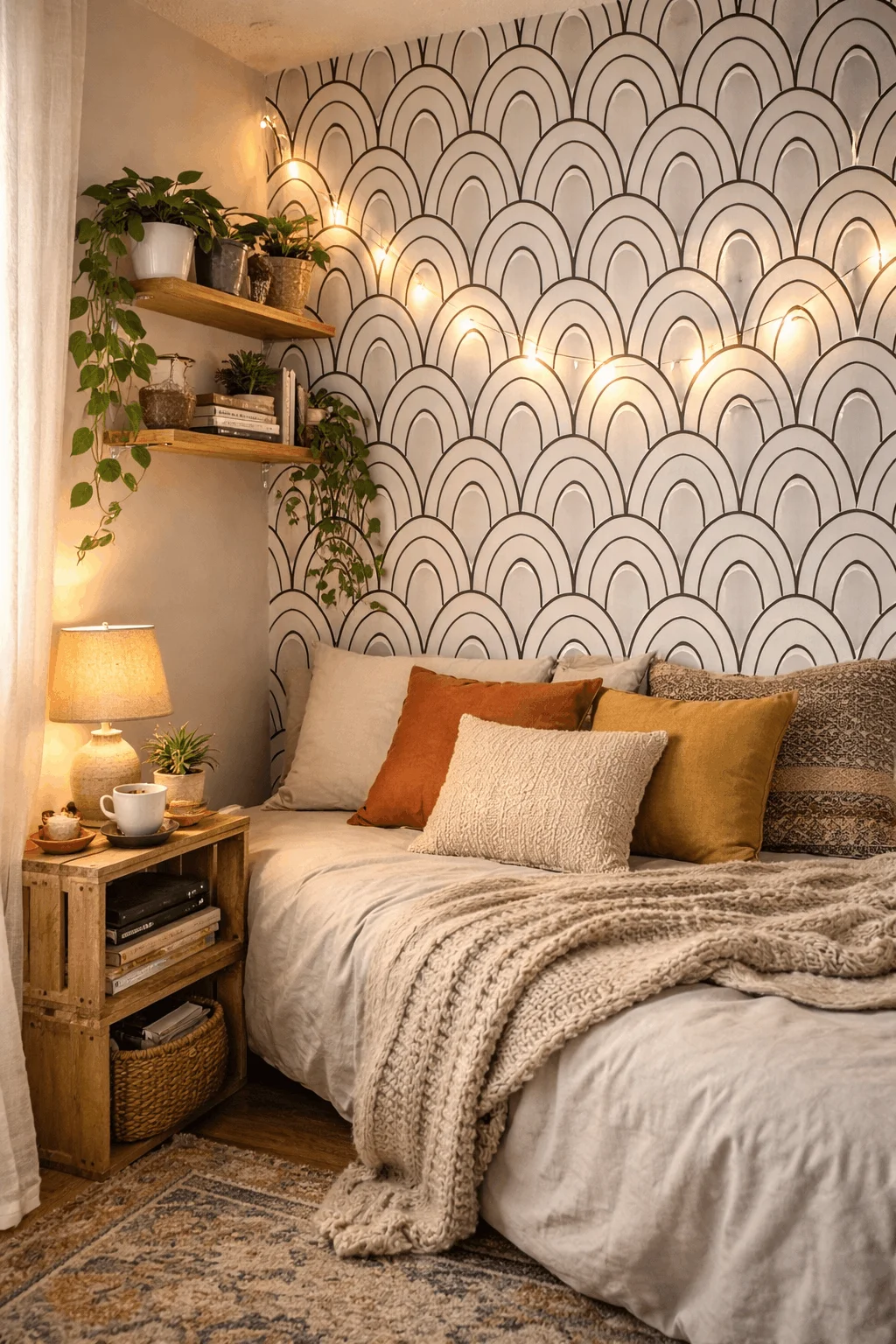 Peel and stick wallpaper for studio apartments transforming walls in small studio decor on a budget, renter friendly decor idea.
