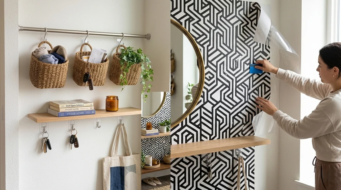 Peel and stick entryway wallpaper for no drill entryway decor in rentals.