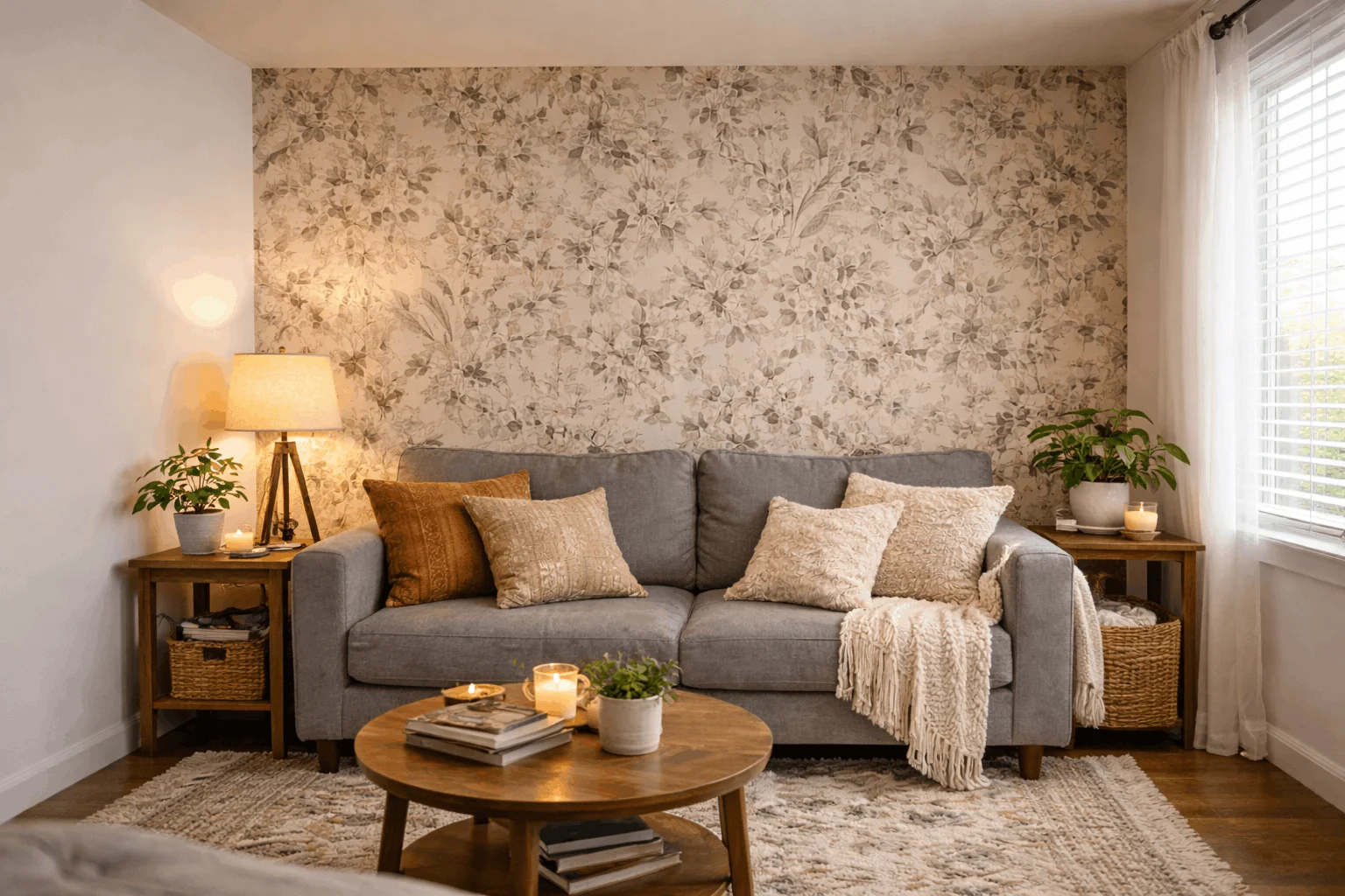 Peel-and-stick wallpaper as no damage wall decor in renter friendly cozy living room ideas.