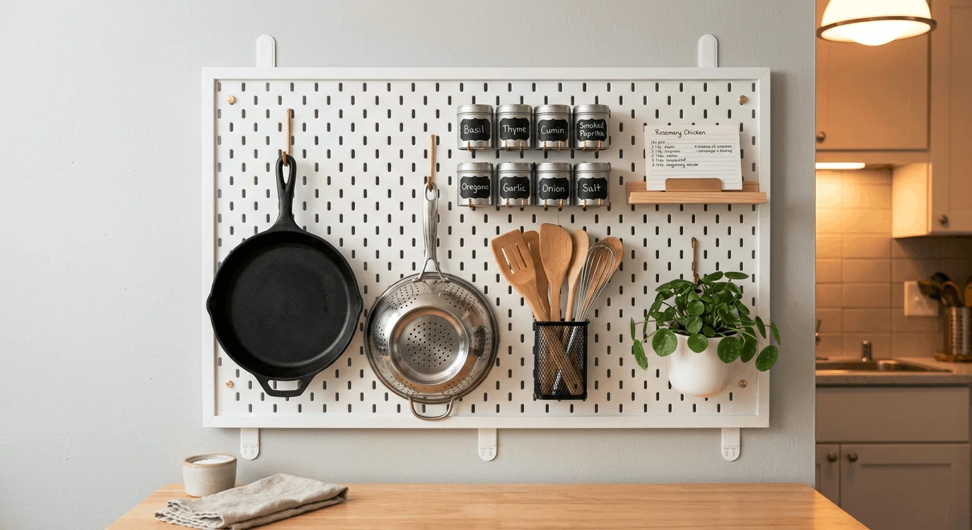 White pegboard on apartment kitchen wall with hooks holding pots, pans, utensils, and spice jars for renter-friendly wall organization