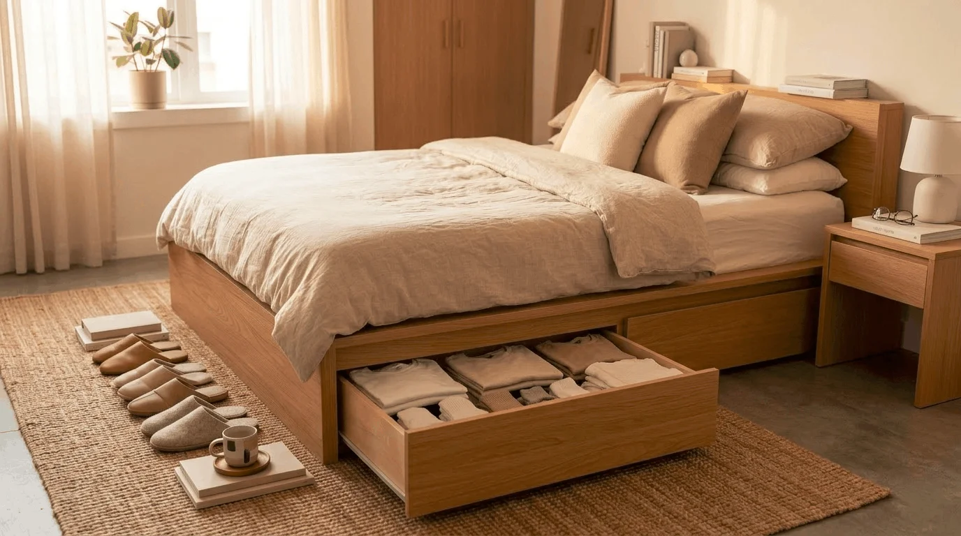 Platform bed with storage drawers in a cozy small apartment bedroom showing space-saving bedroom furniture idea