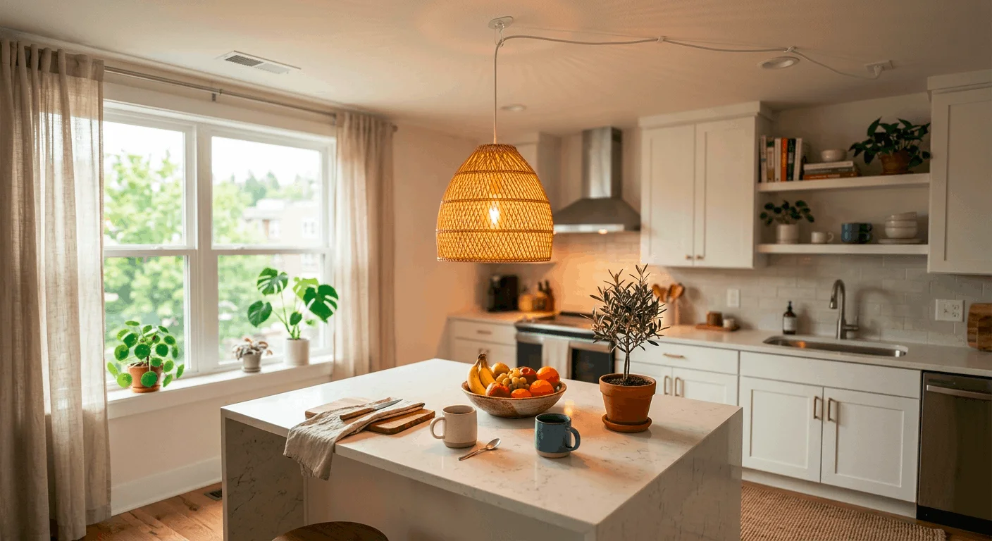 Plug-in pendant lights renters hanging in apartment kitchen no drilling needed.