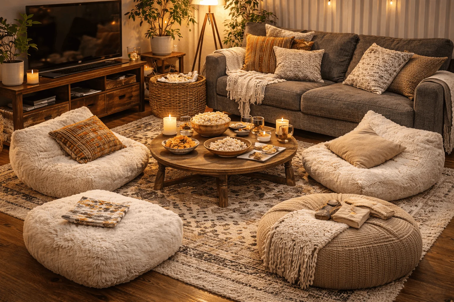 Portable poufs and bean bags for flexible cozy living room ideas for renters.