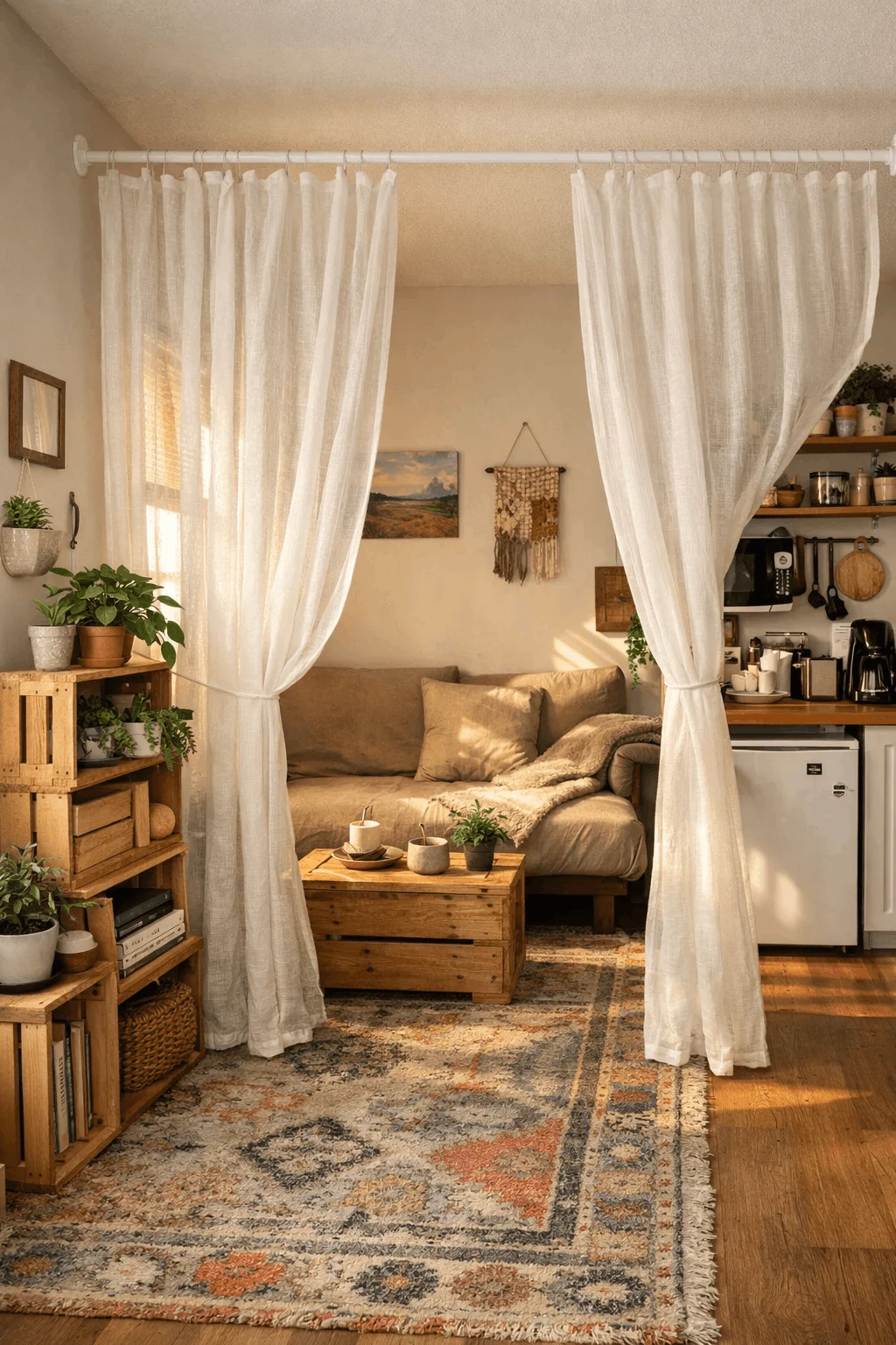 Renter friendly studio hacks using tension rod divider for small studio decor on a budget, creating zones without drilling.