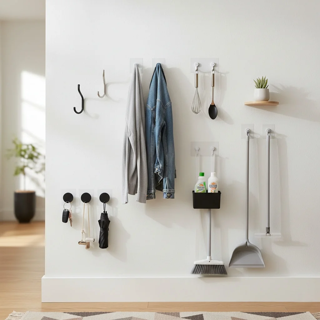 Damage-free adhesive hooks organizing coats keys and kitchen tools in renter-friendly small apartment storage solution