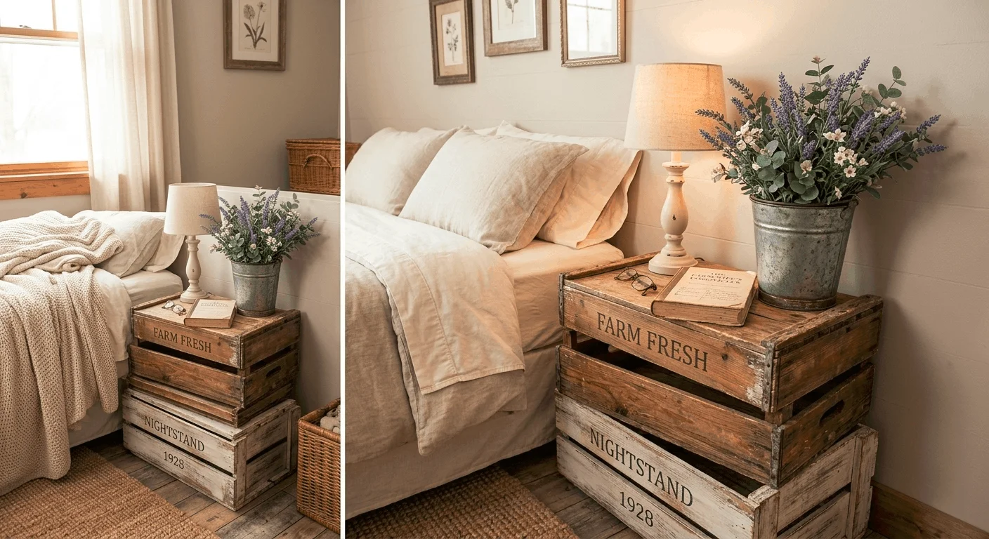 Rustic farmhouse thrift decor budget nightstands using stacked crates for small space renters.