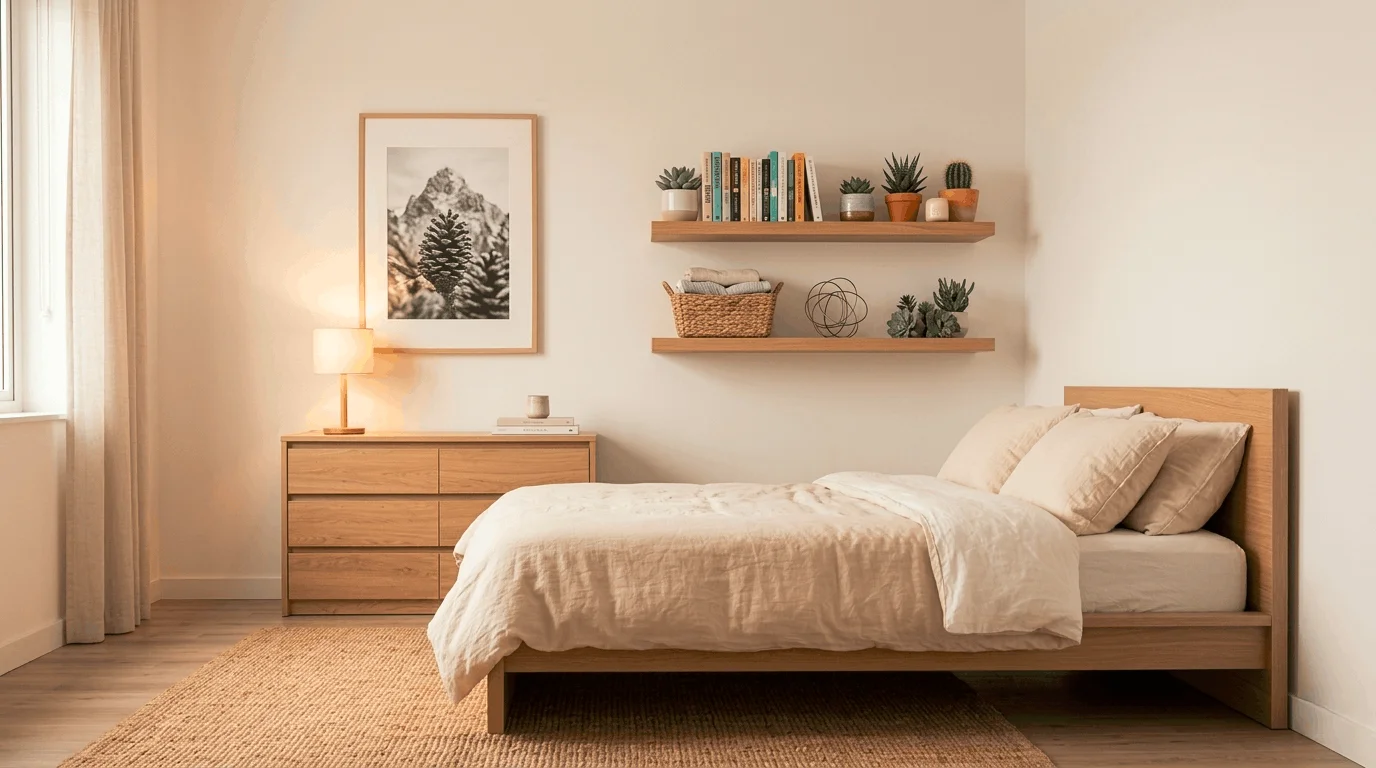 Small bedroom storage ideas apartment — floating shelves above the bed with plants books and baskets for cozy organized look