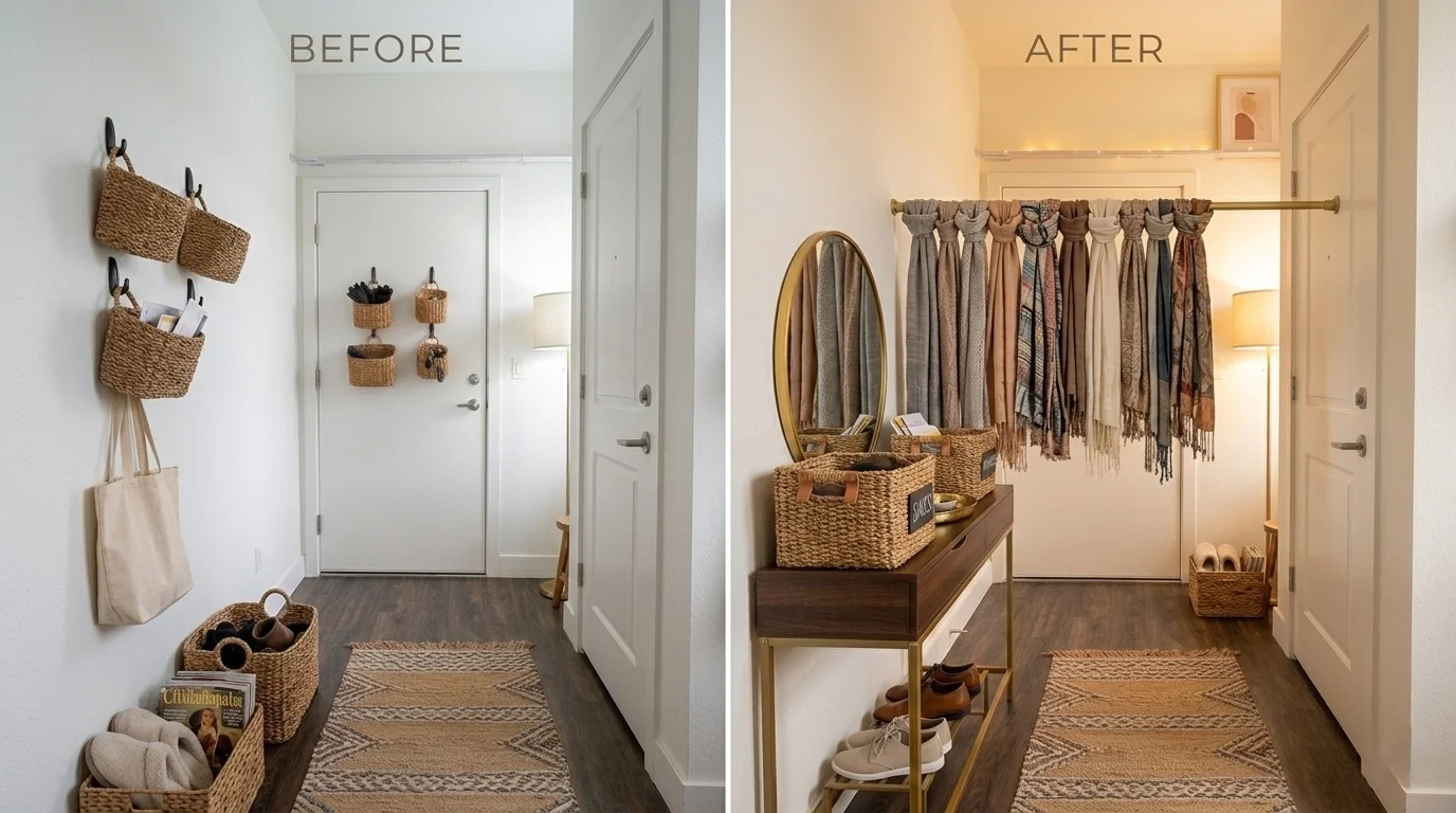 Small entryway makeover ideas without drilling walls for tiny spaces.