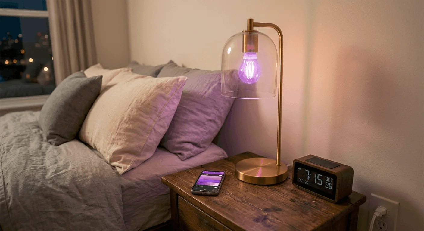 Smart bulbs for rentals transforming bedroom lighting easily.