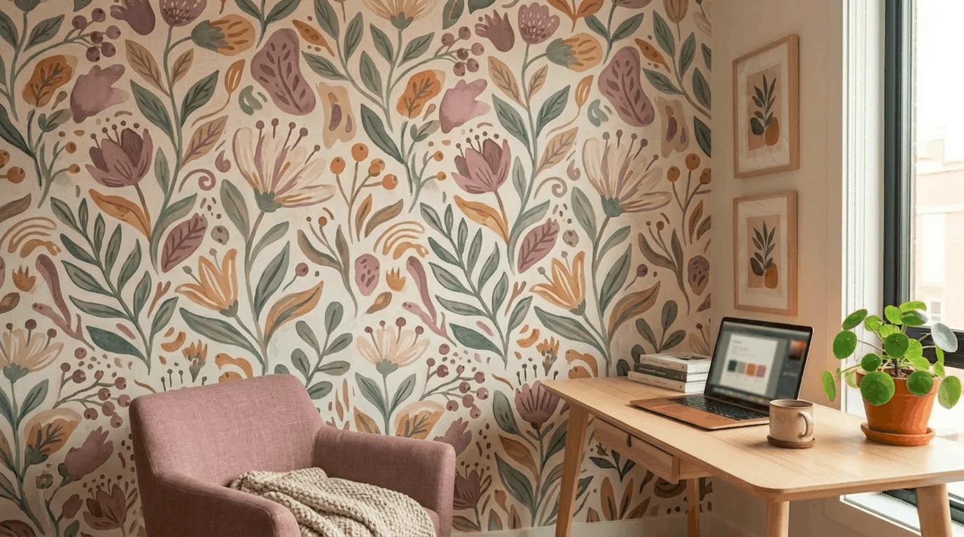 Cozy apartment bedroom with a custom illustrated Spoonflower removable wallpaper accent wall in a unique hand-painted botanical pattern — the most personalized renter friendly wallpaper option in 2026