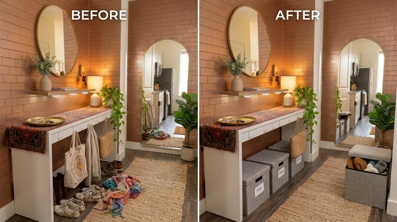 Budget friendly storage solutions for tiny rental foyers organization.