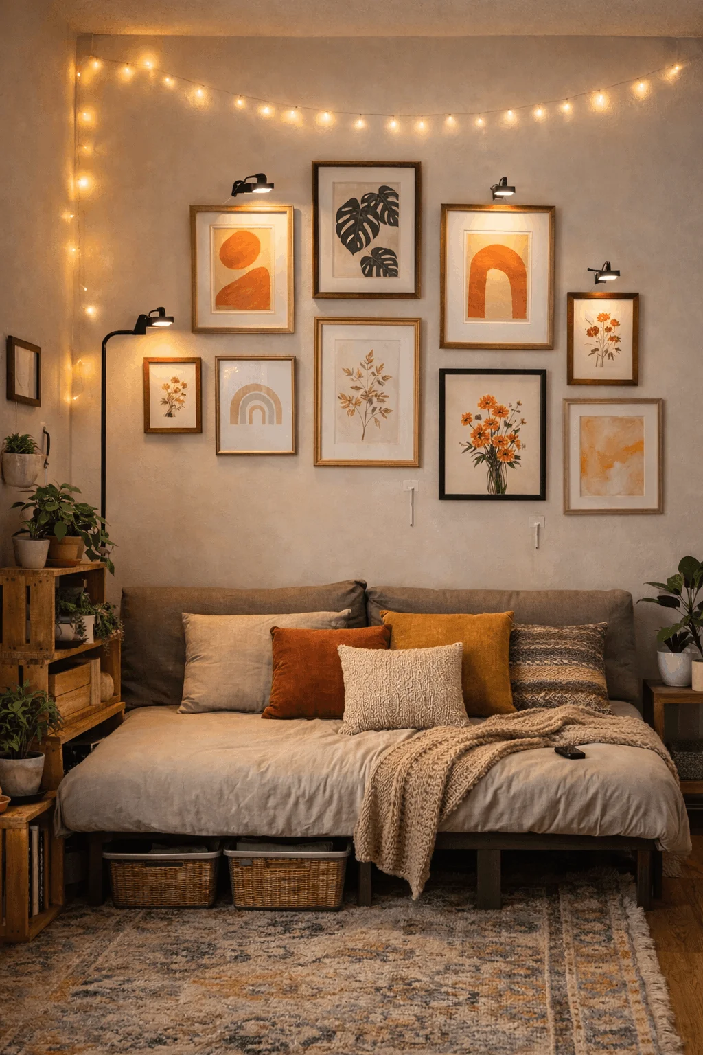 Studio apartment decorating ideas on a budget featuring gallery wall and affordable lighting for small studio decor on a budget.