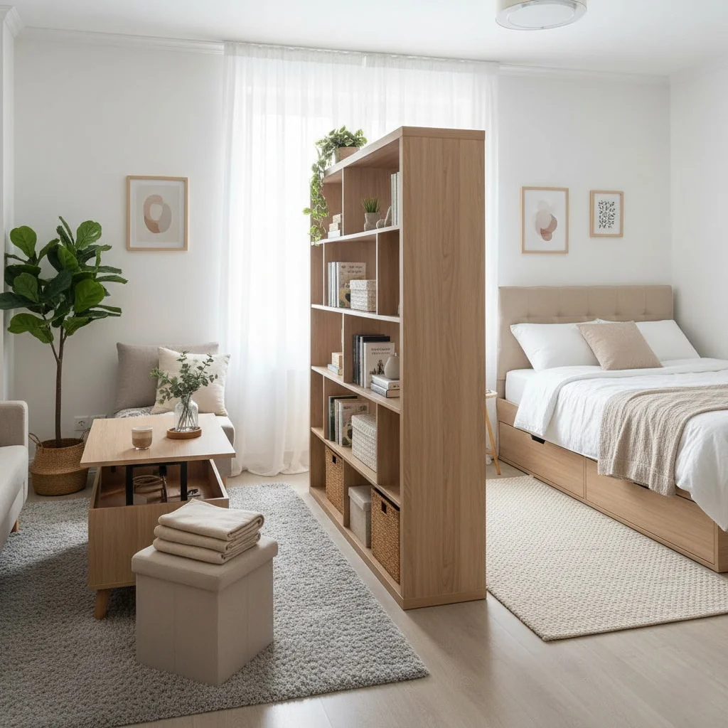 Studio apartment zoning with bookshelf room divider and area rugs creating separate living and sleeping spaces