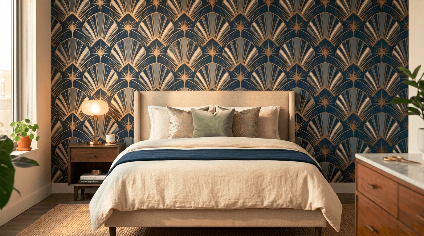 Elegant apartment bedroom with a seamless navy art deco peel and stick accent wall by Tempaper, the best wallpaper brand for apartments that doesn't damage walls