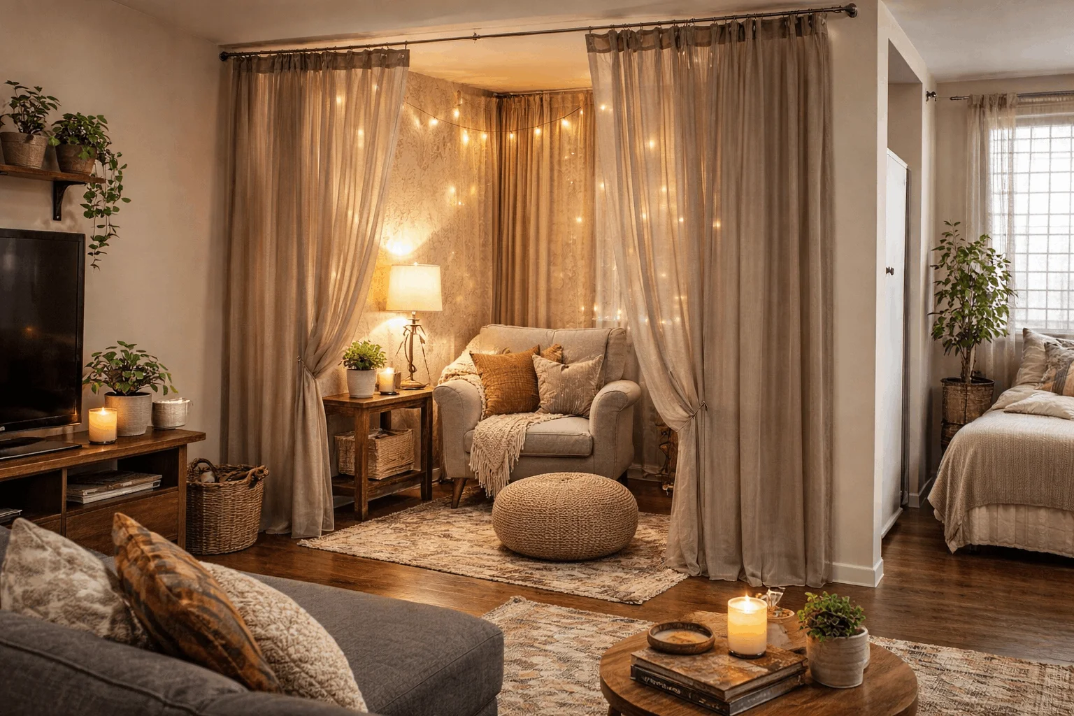 Tension rod curtains for soft division in budget cozy living room for renters.