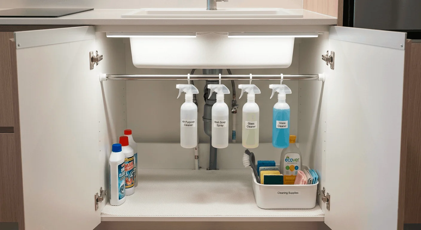 Tension rod installed under apartment kitchen sink cabinet with spray bottles hanging to maximize vertical storage space