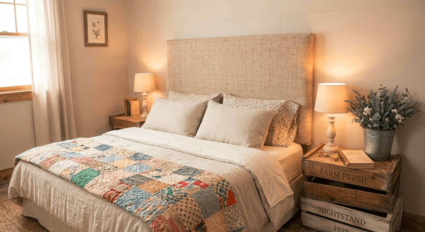 Thrift store decor hacks for stylish small space bedroom headboard with thrift flips.