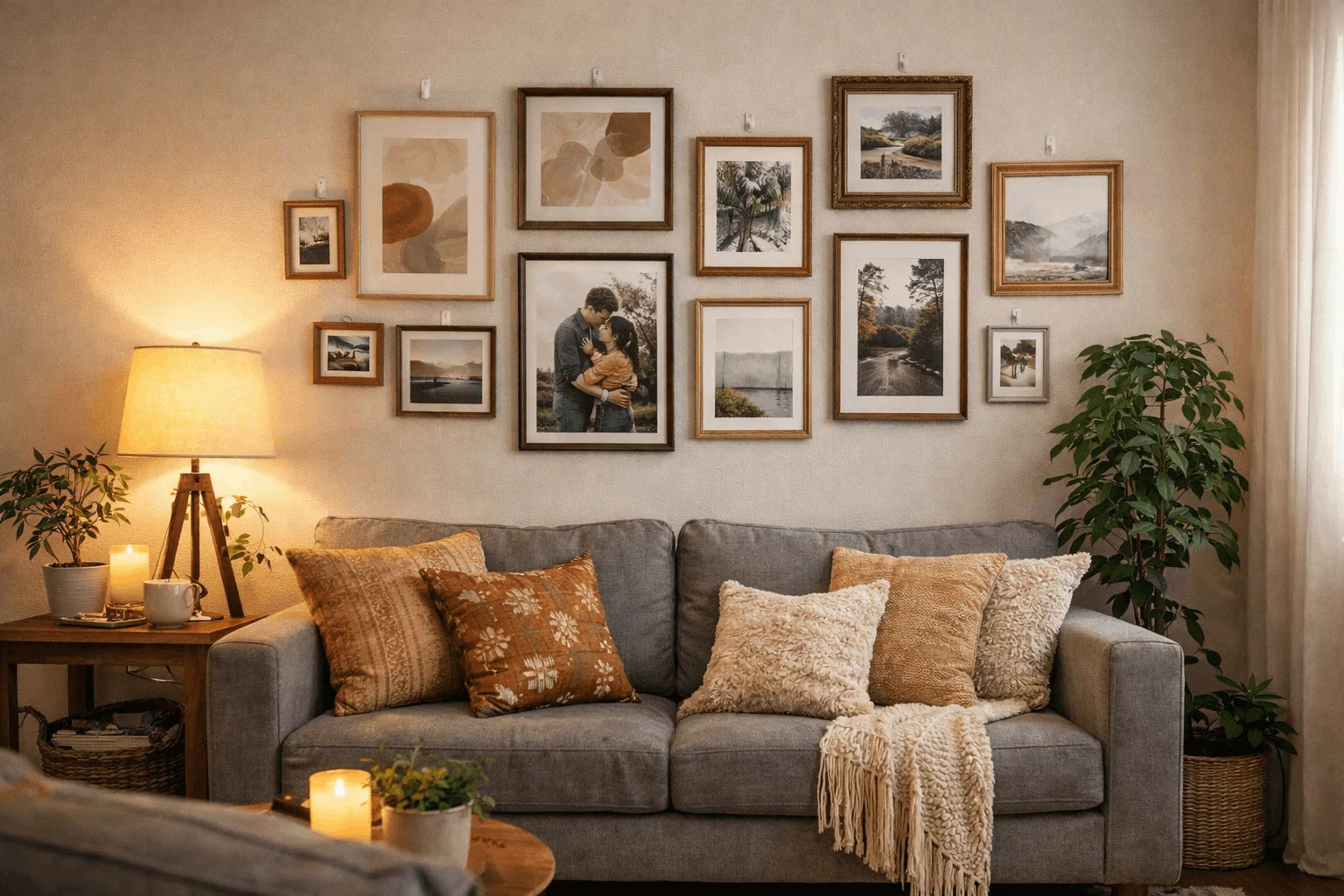 Thrifted artwork on removable hooks for temporary cozy living room makeover.