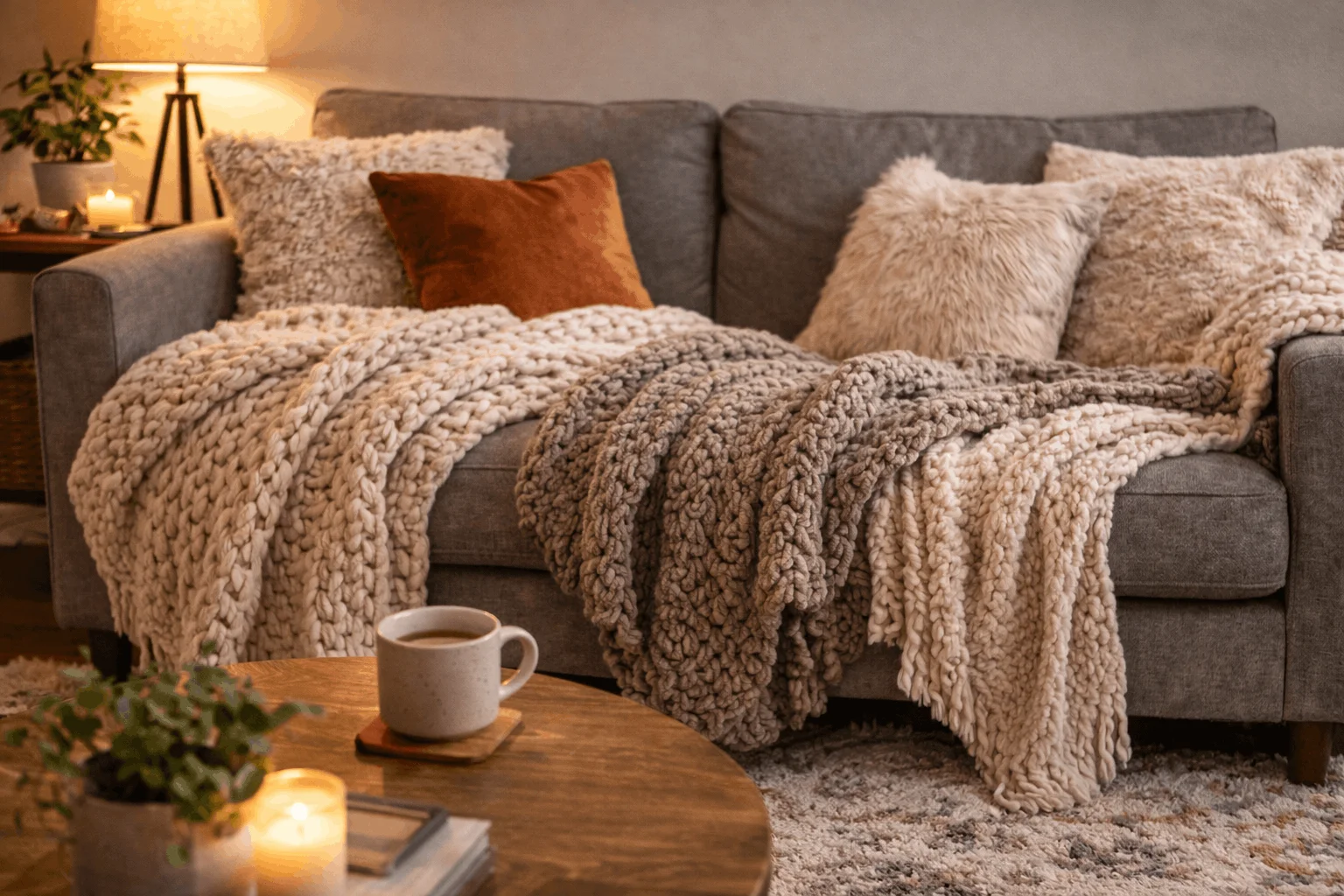 Oversized throws and pillows for texture-rich cozy living room ideas for renters.