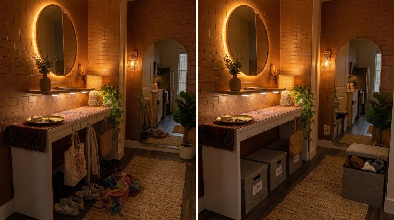 Tiny rental entryway lighting ideas without permanent fixtures for glow.