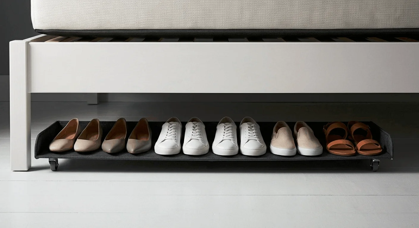 Slim rolling under-bed shoe organizer storing 12 pairs of shoes in a small rental apartment bedroom