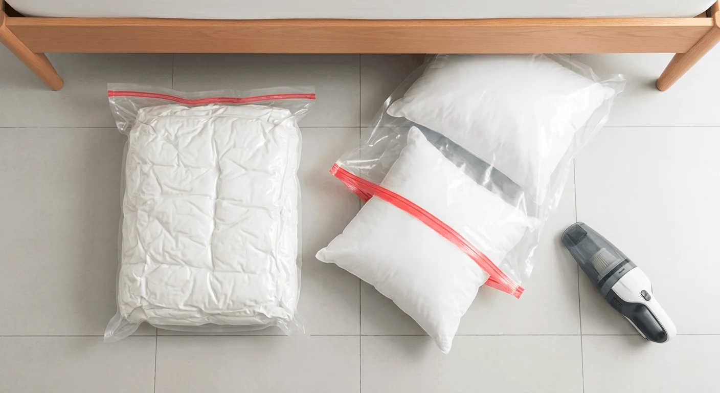 Vacuum storage bags under bed in a small rental apartment bedroom used for off-season comforters and bulky bedding
