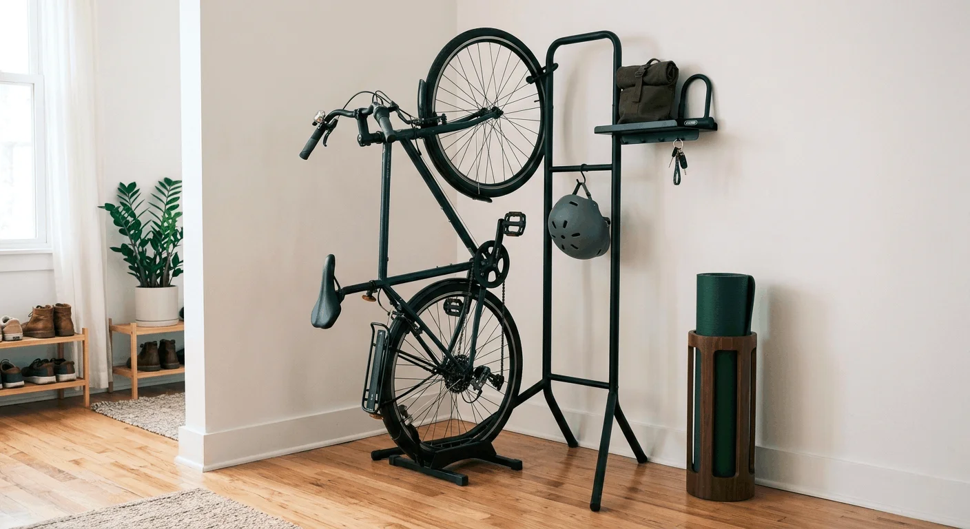 Freestanding vertical bike mount in small apartment with helmet, bag, and sports gear organized against wall without drilling