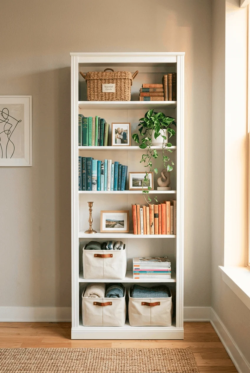 Tall slim freestanding bookshelf against apartment wall styled with books, baskets, and plants for vertical apartment storage