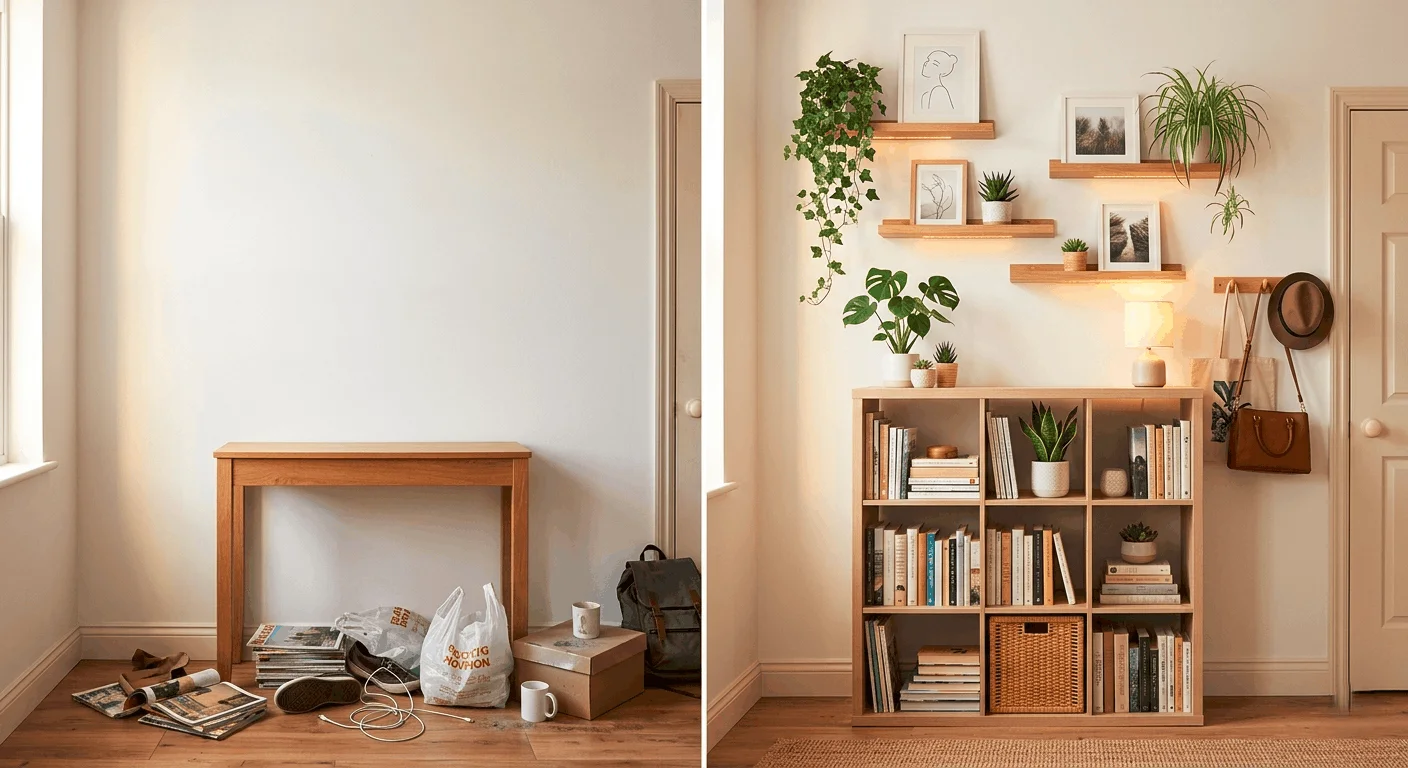 Side-by-side comparison of an empty apartment wall versus the same wall with vertical storage shelves installed