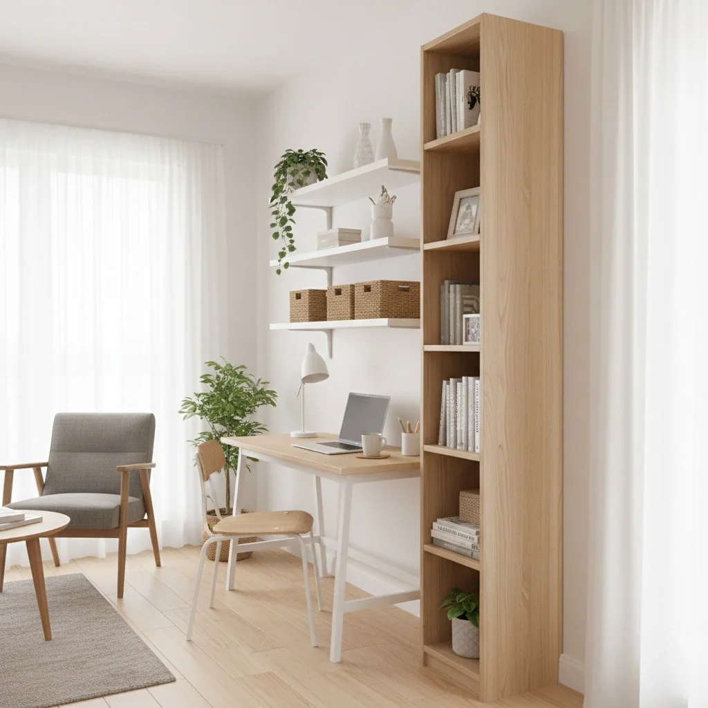 Vertical storage for small spaces with tall bookshelf and floating shelves maximizing wall space in studio apartment