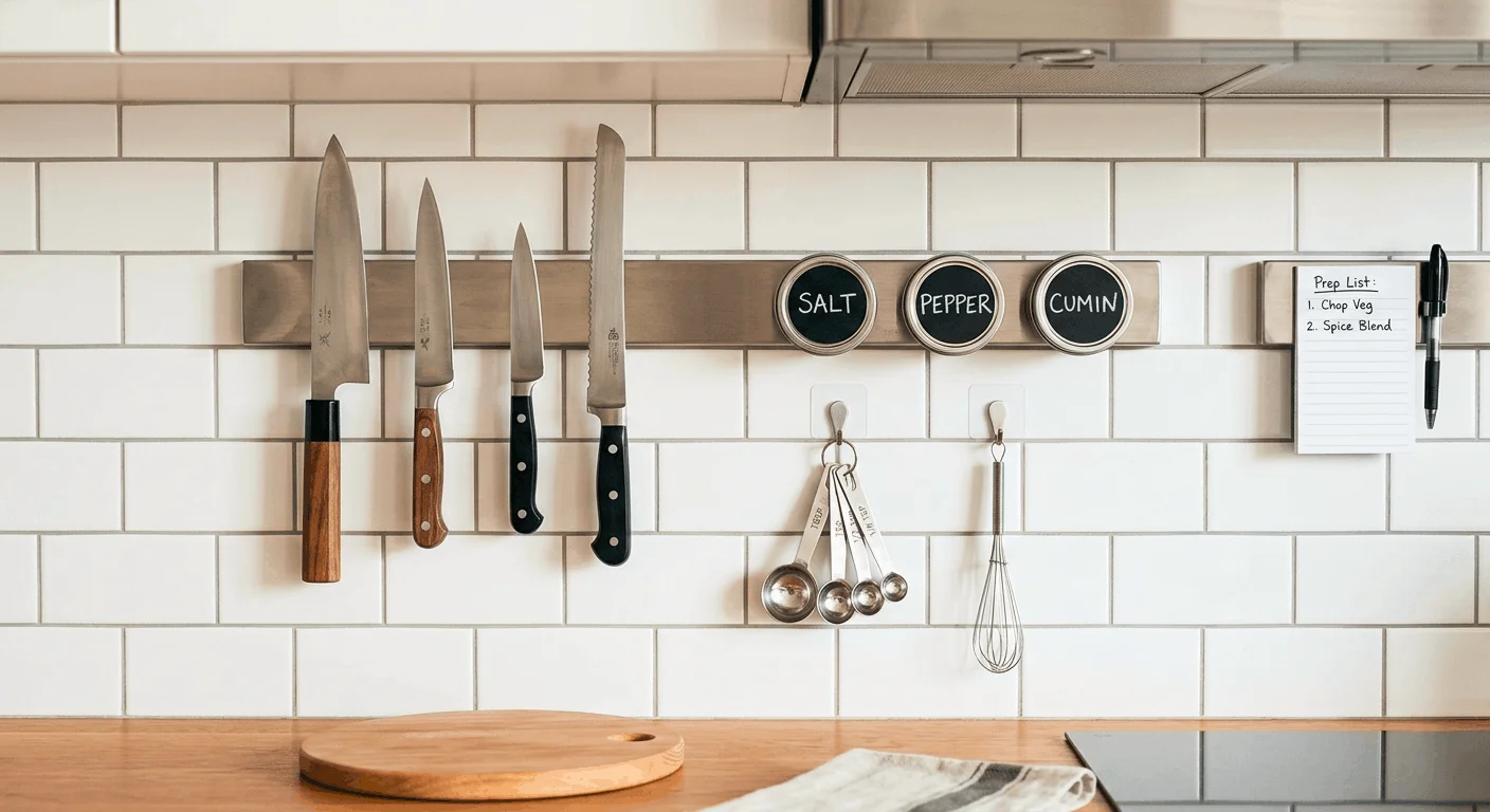 Magnetic knife strip and adhesive spice rack mounted on apartment kitchen backsplash wall with no drilling, wall mounted storage no holes