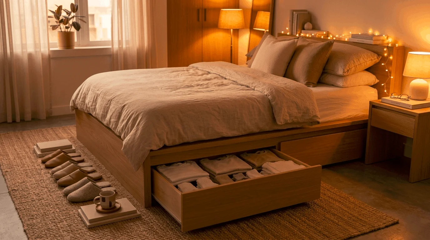 : Warm lighting bedroom ideas for small apartment with layered lamps and fairy lights creating a cozy intimate glow